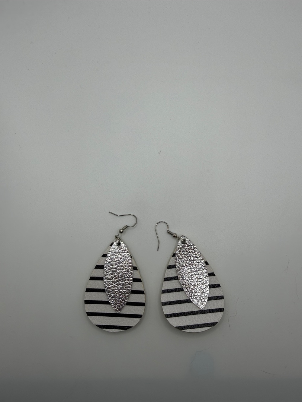 Striped Black & White Teardrop Earrings with Silver Accent - Picture 3 of 3